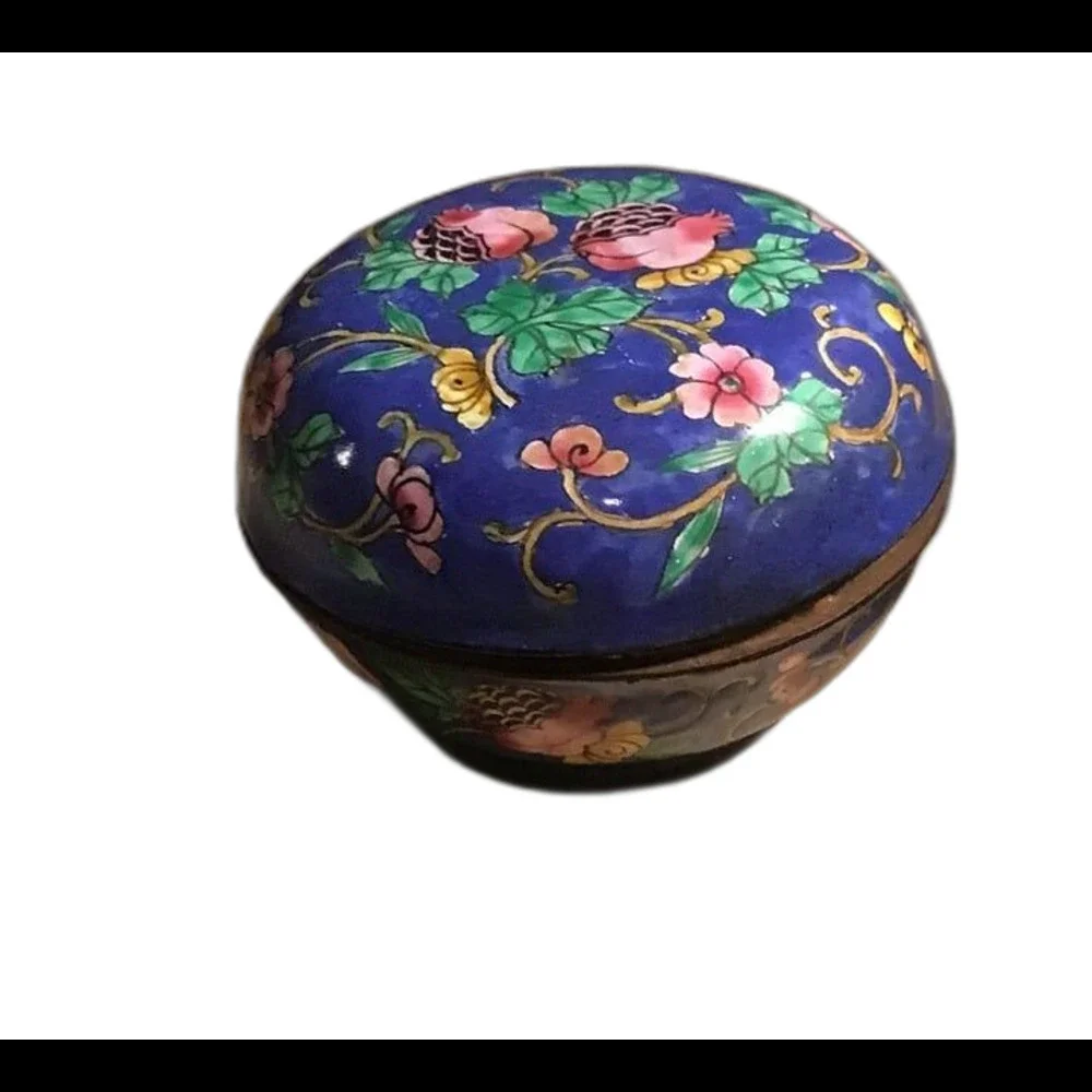VTG Chinese Cloisonné Blue Floral Trinket Box Enamel Round Lidded Jewelry Jar